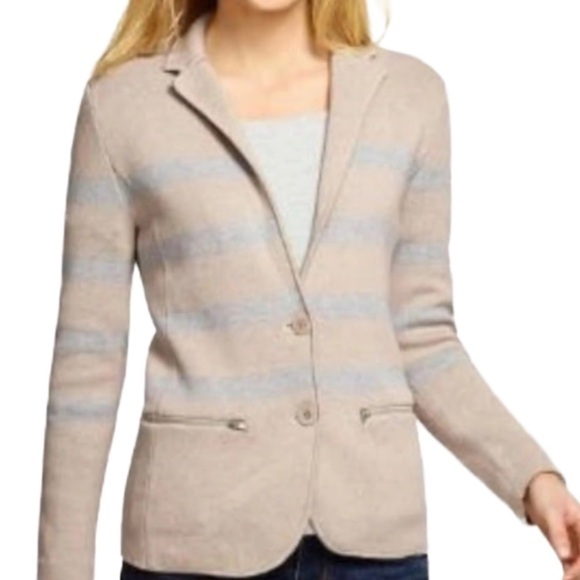 Talbots Jackets & Blazers - Talbots Beige and Gray Striped Cotton Blend Knit Blazer